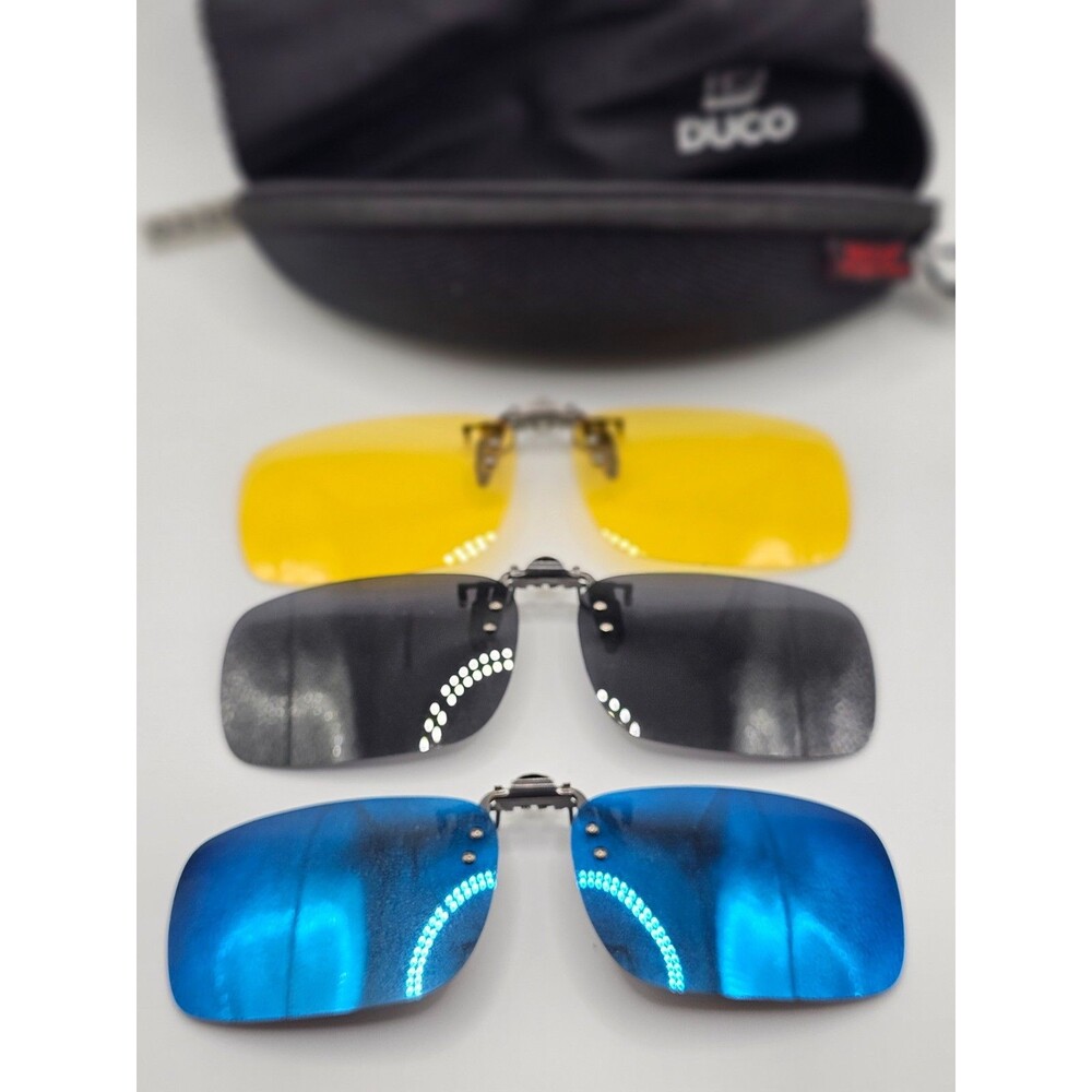 DUCO Clip On Sunglasses Set 3 Lens Yellow Blue Black w Zip Case